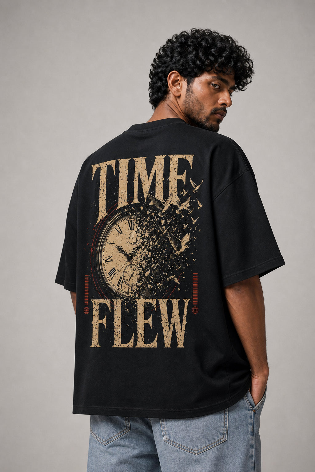 Time Flew Black Oversized T-shirts