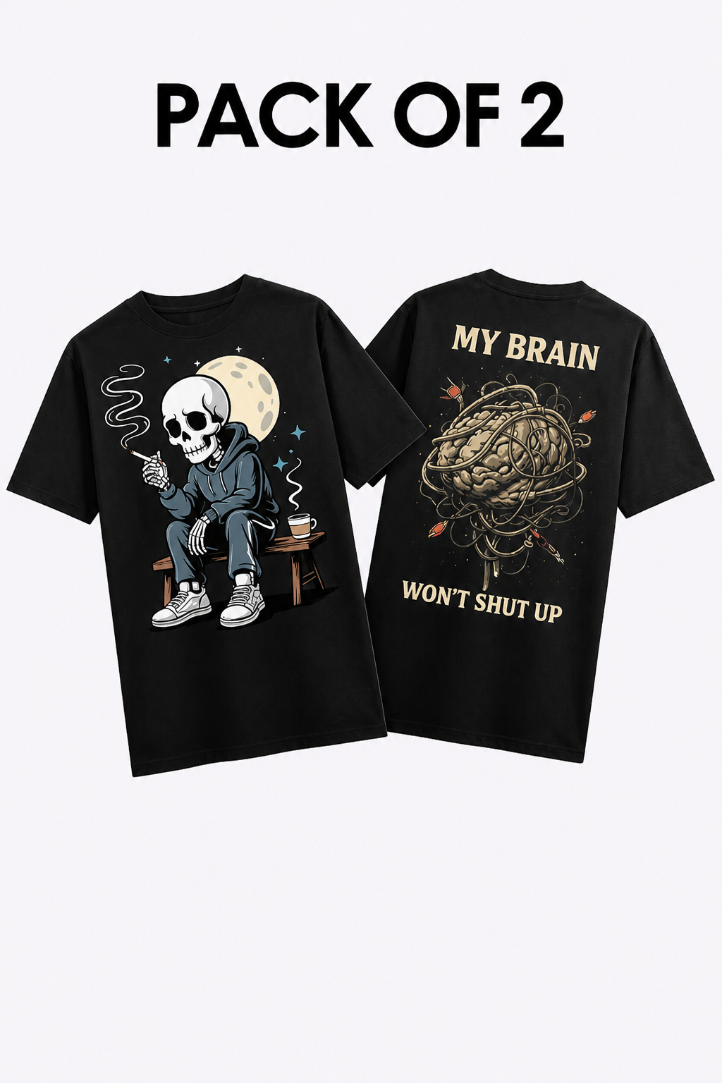 Skull + Brain Black Oversized T-shirts